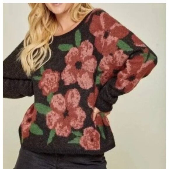 Andree By Unit Floral Sweater Black Flowers Size Medium oversized wool blend - Picture 1 of 12